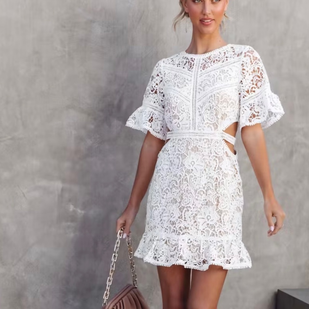 - SWEETEST ESCAPE FLORAL CROCHET CUTOUT MINI DRESS - WHITE -